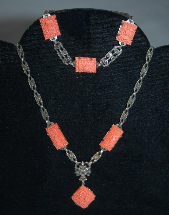 Coral and Sterling Necklace and Bracelet