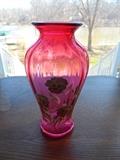 Cranberry Fenton Hand Painted Vase Signed by Bill Fenton