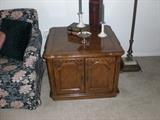 Carved parquet end table with storage- great liquor cabinet