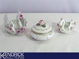 Lot of 2 Porcelain Swan Vanity Dishes, and 1 Lidded Porcelain Vanity Dish with Roses, and Gold Gilting Throughout Pieces
