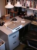 Contemporary office desk with side return; vintage desk lamp with twin glass shades