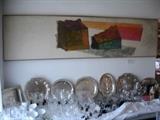 Original painting attributed to Hillary McMahon; selection of silver, china, and glassware