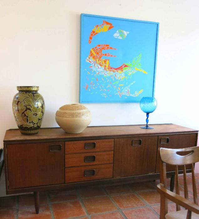 Danish Modern style credenza or sideboard, painting by homeowner, now deceased.