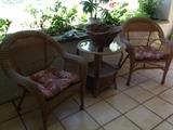 Two woven side chairs and lamp table - also has matching sofa, coffee table and two more side chairs