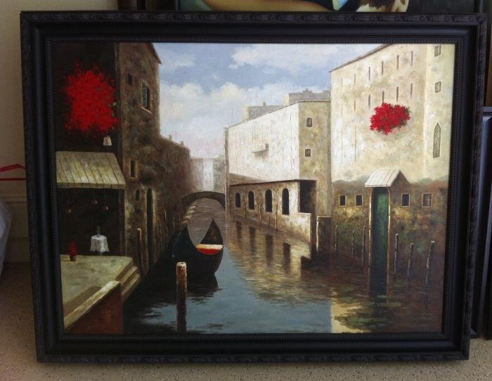 Large original painting, city canal scene.