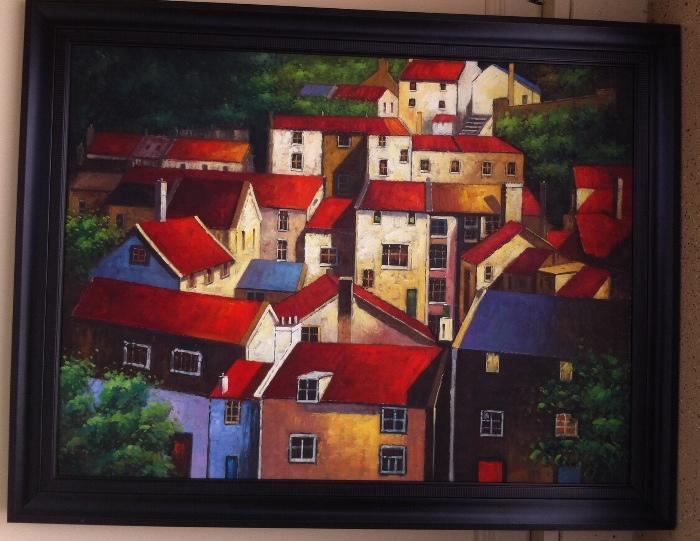 Large original painting, colorful town.