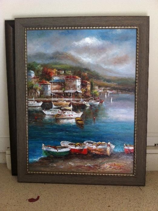 Large original painting, boats on water.