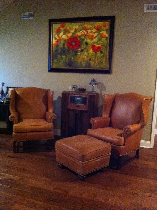 Beautiful pair "Hickory Chair" leather wing back chairs and matching ottoman, worn "just enough".