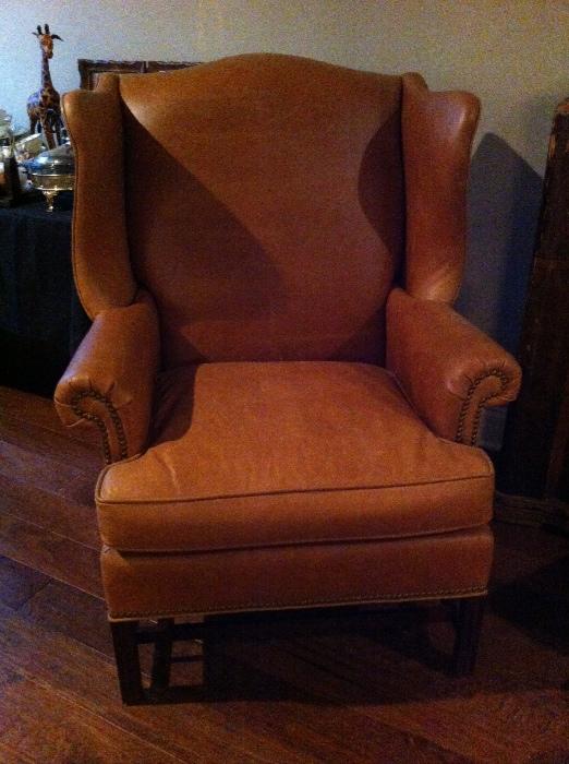 Beautiful pair "Hickory Chair" leather wing back chairs and matching ottoman, worn "just enough".