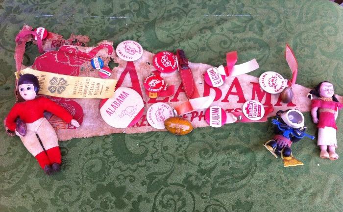 Alabama fans? Vintage 1960s pennant (poor condition) but covered with pins and trinkets. 