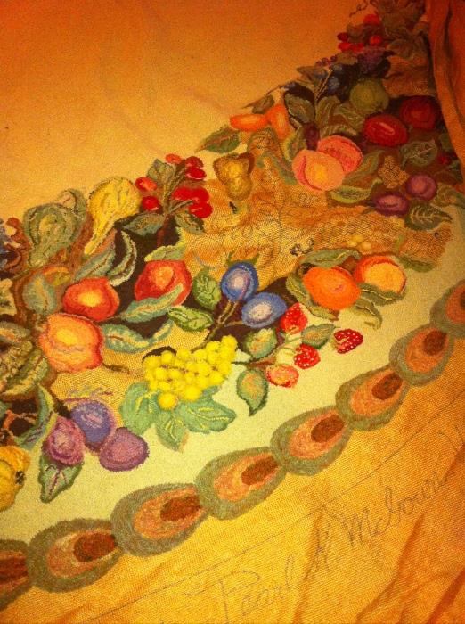 Beautiful large oval vintage hook rug, 90% complete. "Harvest" design by Pearl McGown.