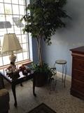 7 ft ficus tree, tiled plant stands, side table, alabaster lamp with fringed shade, and misc. knick-knacks
