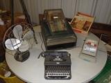 Victor Cash Register, Check writer, Royal manual typewriter, Old GE Fan.