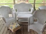 WICKER FURNITURE, LOVESEAT, TWO CHAIRS, FOOTSTOOL, AND TABLE