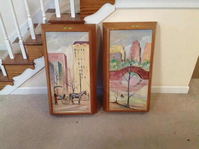 TWO SPEAKERS WITH ORIGINAL HAND PAINTED CANVAS FRONTS.