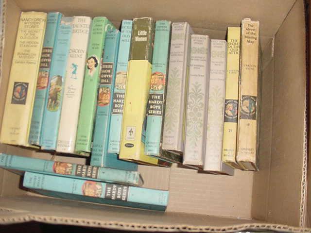 Boxes of older childrens books, with many of the series types, such as Nancy Drew, Hardy Boys, and many more