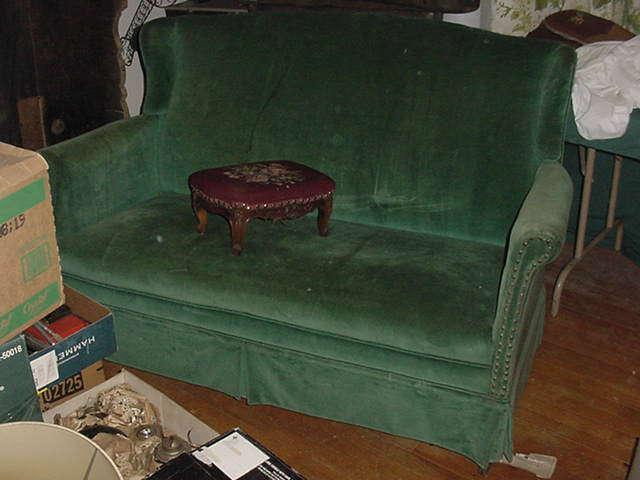 Beautiful antique velvet love seat/sofa with needlework footstool