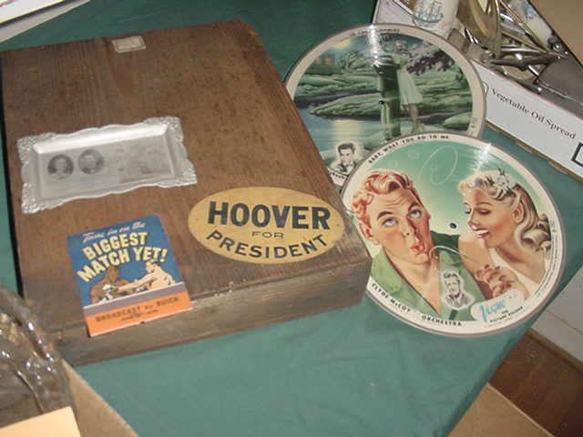 A few of the collectibles such as the metal Hoover for President sign, a large matchbook for the Joe Louis/Max Schmelling boxing match, 1940's 78 RPM picture disc's, and more