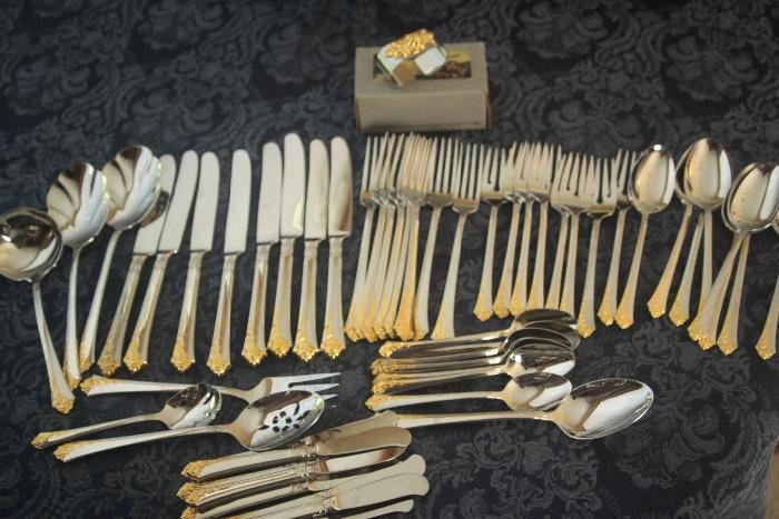 Set of Oneida Golden Damask Rose flatware, service for eight and 6 serving utensils - like-new condition!
