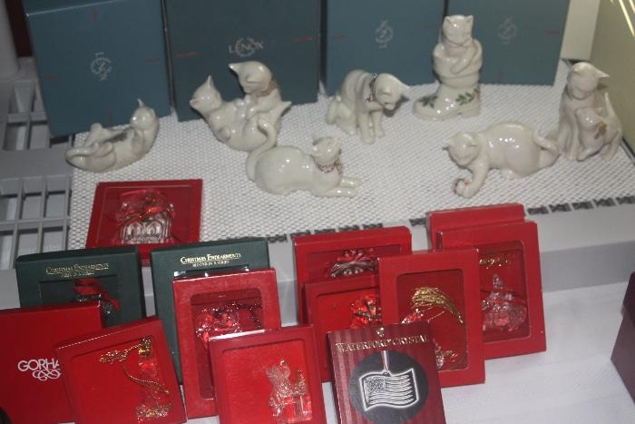Some Lenox cat figurines and Gorham/Waterford ornaments - many with original boxes.