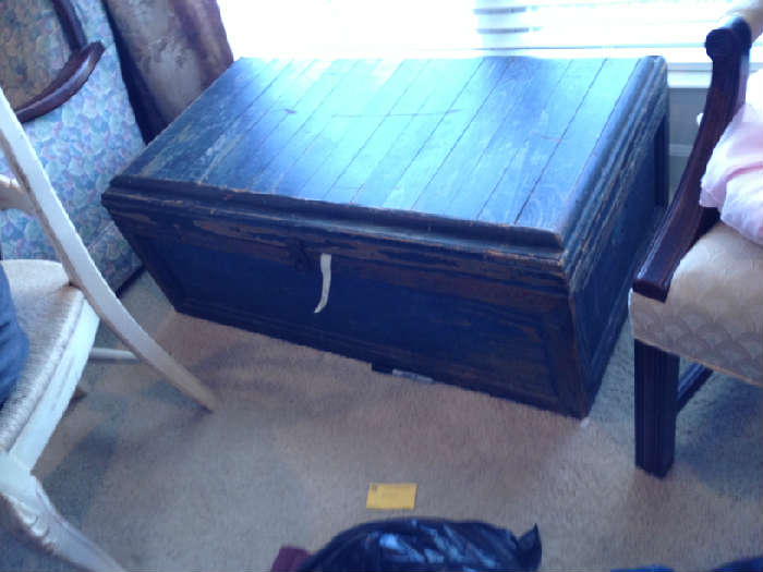 Outstanding wooden blue distressed primitive trunk