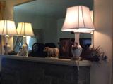 Pair of Corday lamps, Andrea bull, mantle clock , fabulous lady in dressing gown w/mirror box