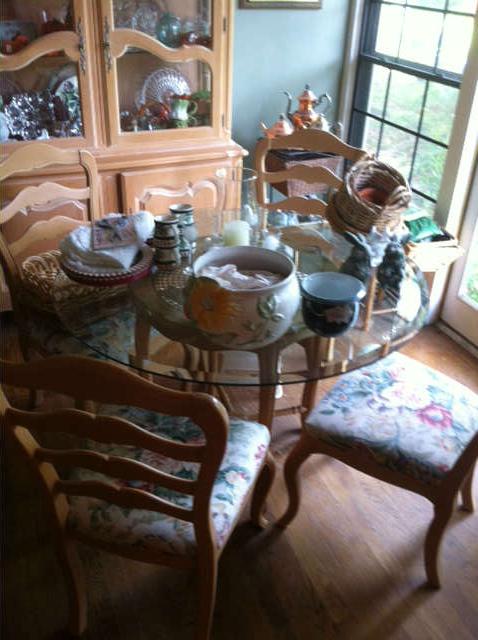 Pickled or whitewashed china cabinet, pedestal table and chairs, and secretary