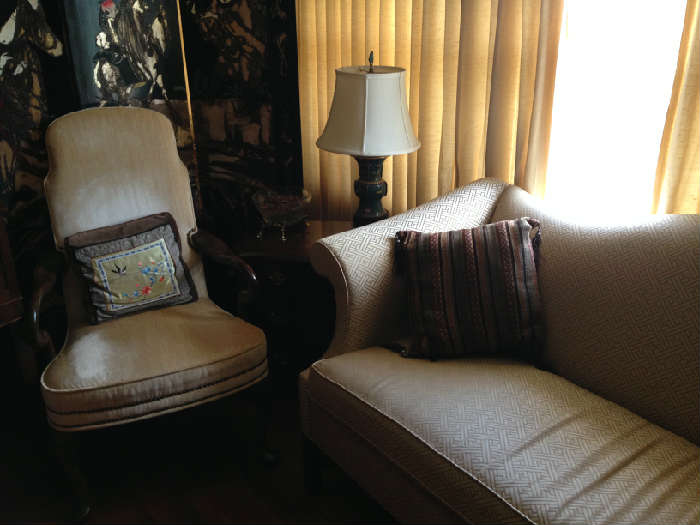 One of a pair of chairs, and a chippendale sofa