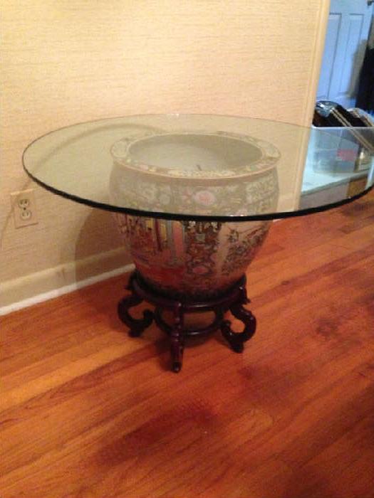 Chinese fish bowl/table with half inch glass top and stand