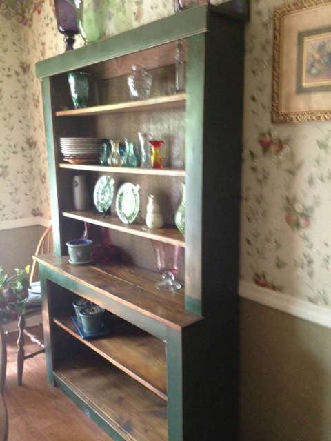 DARLING STAINED AND GREEN PAINTED HUTCH/SHELF