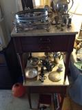Italian marble top occasional tables, silverplate, sterling