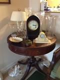Antique drum table, Mahogany clock, celluloid clock