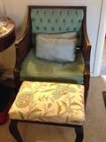 Cane back chair and crewel ottoman