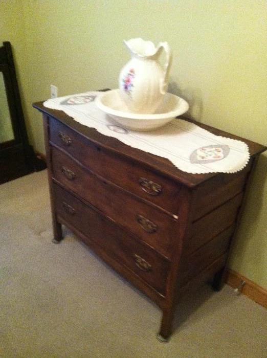 Antique mirrored dresser with wash bowl & pitcher
