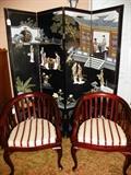 Pair of nice side chairs. Gorgeous Oriental wood room divider with different pattern on front & back.