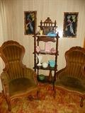 Pair of green velvet parlor chairs. Nice curio stand with pottery of Camark, Bauer, Metlox & Maple Leaf.