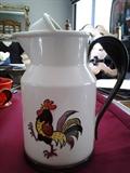 D17  Metlox Poppy Trail  Red Rooster, Water Pitcher, 6”wide by 9”tall (Fair Condition) 3 small chips on bottom of pitcher