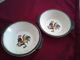 D32 Metlox Poppy Trail  Red Rooster, Set of 2, White Basket Weave Serving Bowls, 9”wide by 2 ½” tall (Excellent Condition)