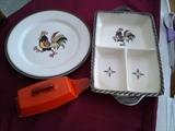 D43  Metlox Poppy Trail  Red Rooster, 1-12” Round Serving  Platter, 3 Divided Dishes 9” by 13” by 2 ½ Tall & 1 Red Butter Dish server ( Excellent Condition)