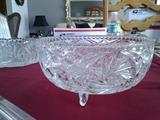C3  American Brilliant Period Cut Crystal 3 footed bowl, 8 ½” diameter and 4 ½ “ tall,  7-Buss saw cut flowers and  7  Hober starbursts (Excellent Condition)