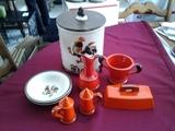 D16 Metlox Poppy Trail  Red Rooster, Misc. Lot, Flour Canister, 2 Small Dessert Plates, Salt and Pepper 
