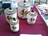 D45  Metlox Poppy Trail  Red Rooster, 4  piece Canister Set with Wood Covers, Flour, Sugar, Coffee & Tea (Excellent Condition)