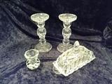C24  American Brilliant Period Cut Crystal set of 6 ½” crystal Candle Sticks, 1 Rectangular Crystal Butter dish 8” by 3” by 4 ½ “ tall, along with a 2 ½” tall crystal tooth Pick Holder (all in Excellent Condition)