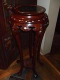 ornate wood pedestal table with marble inlay