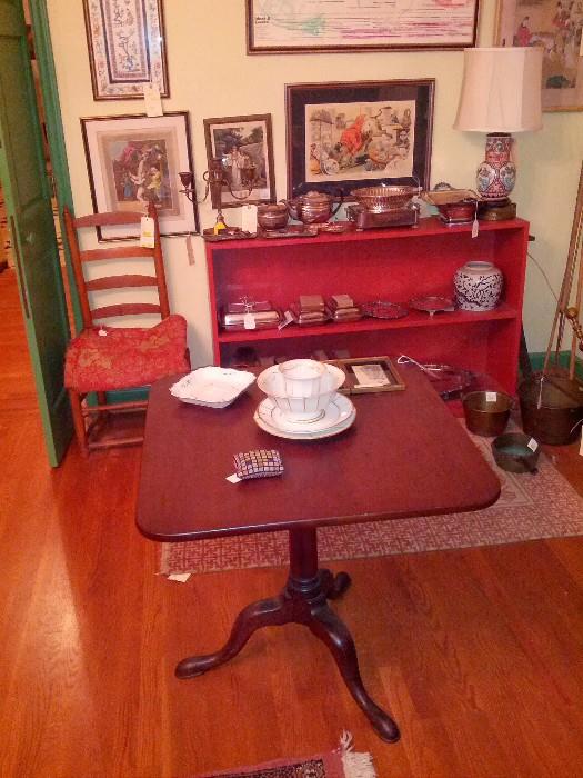 18thc Mahogany Square Tea Table, Red Chinese Rug, Sheffield Plate and More