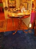 19thc Round Tea Table, Silver Plate, Rugs and 19thc Mirror.