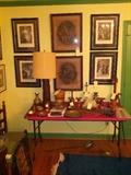 5 Shakespeare Prints, Ladder Back Chairs, Chinese wooden lamp.