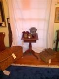 Primitive 19thc 1 drawer stand, old finish, Baskets and Pottery.