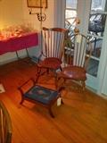 2 late 18th/early 19th c Windsor Chairs, footstool.