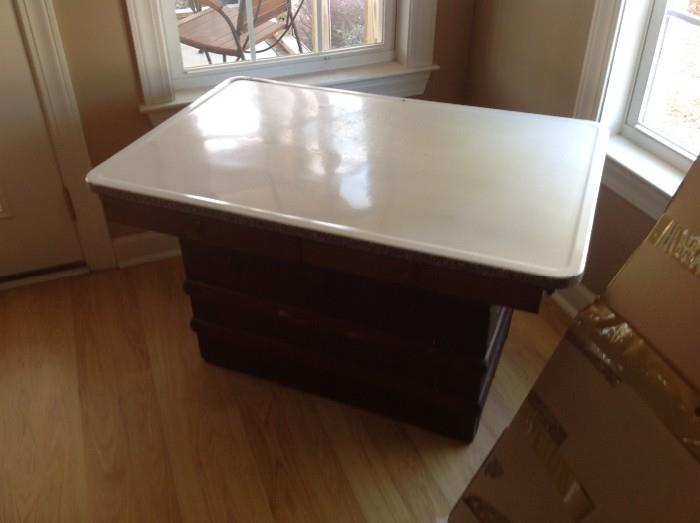 Enamel top table with chest base (home made) $ 160.00.